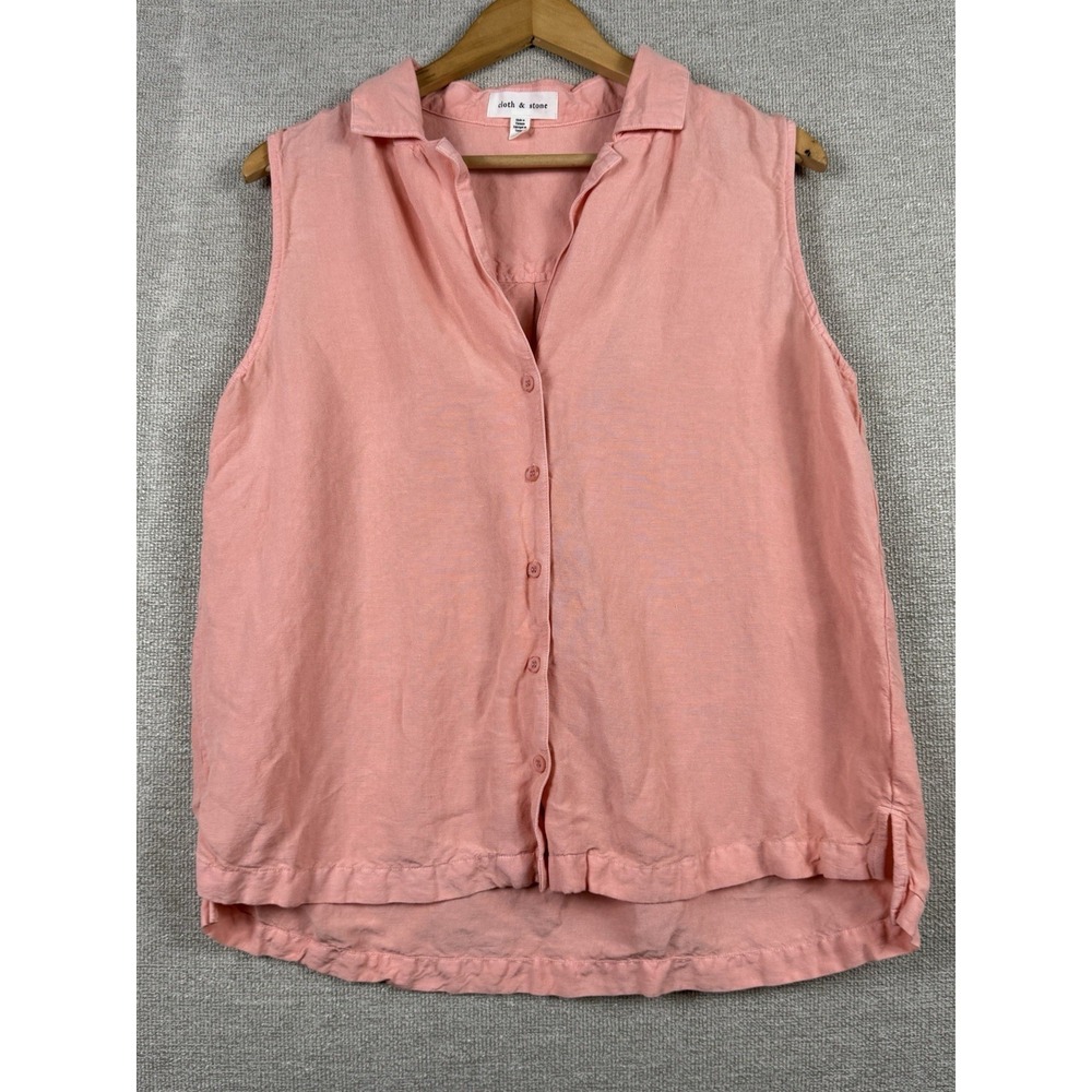 Cloth & Stone Linen Blend Sleeveless Button Top Pink Large Collared - Picture 2 of 5